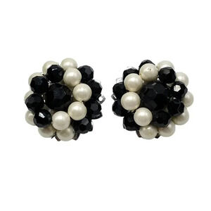 Marvella Black White Faux Pearl Beaded Clip Earrings Silver Tone Vintage